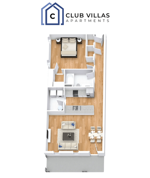 Floor plan for 1 bed, 1 bath, 910 sqft